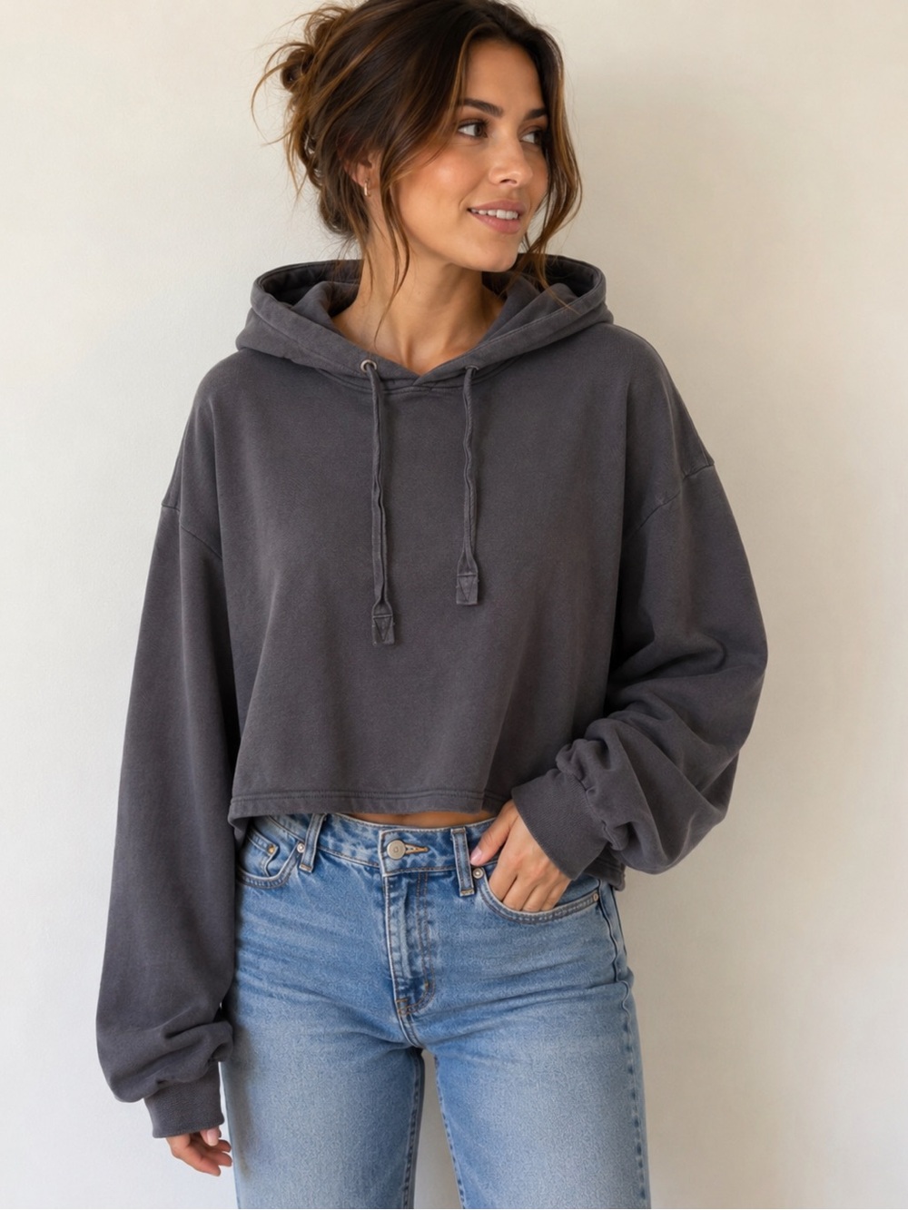 303. Frame Denim Cropped Hooded Sweatshirt in Charcoal Gray
